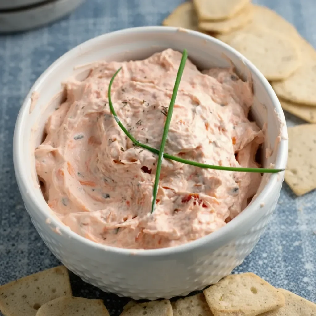 Delicious smoked salmon dip served in a bowl with crackers on the side