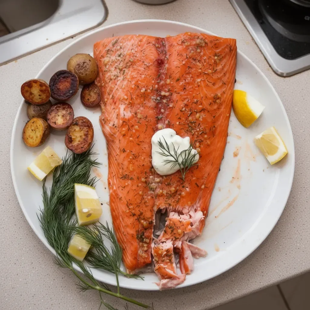 Delicious smoked salmon served on a wooden platter with herbs and lemon.