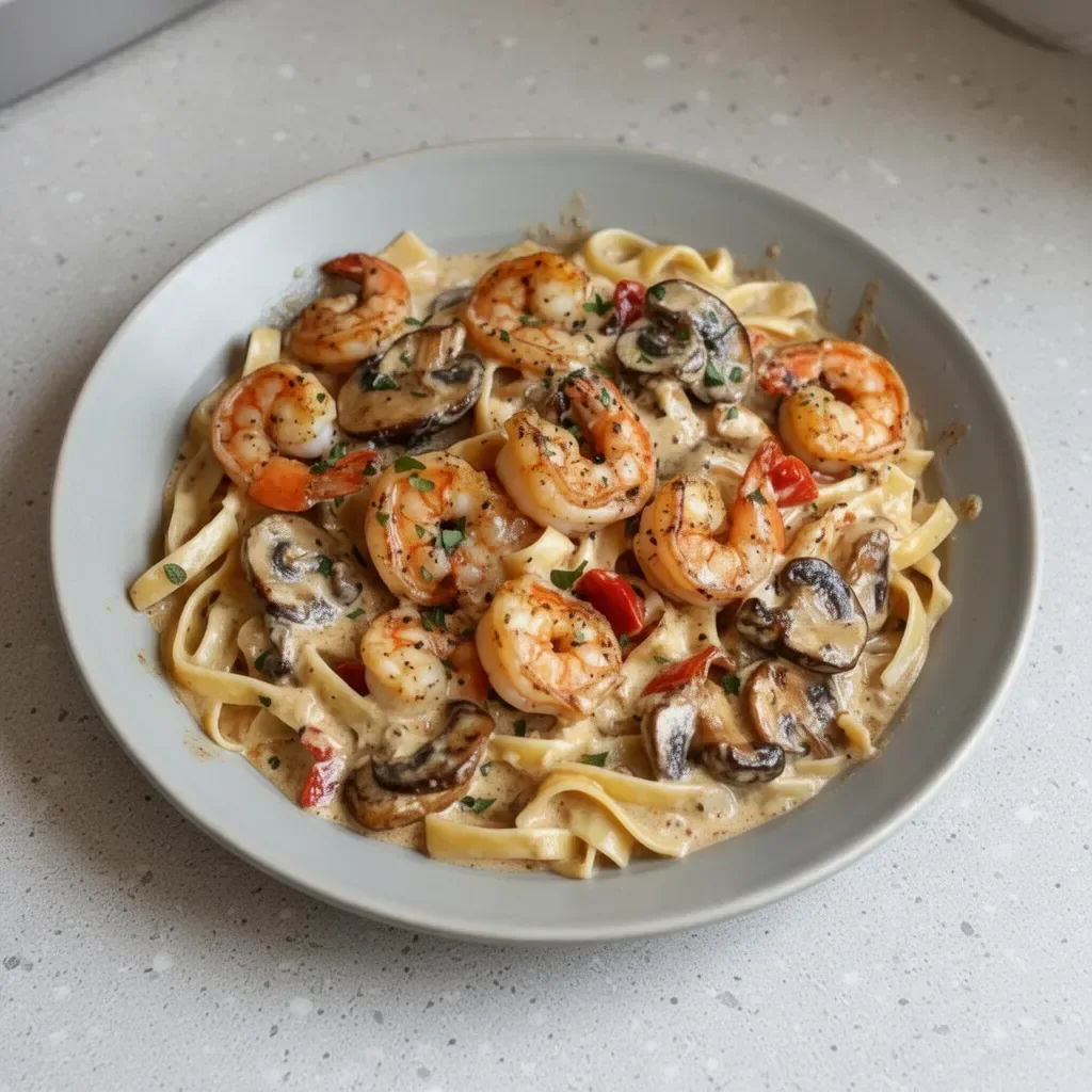 Plate of spicy blackened shrimp stroganoff garnished with herbs