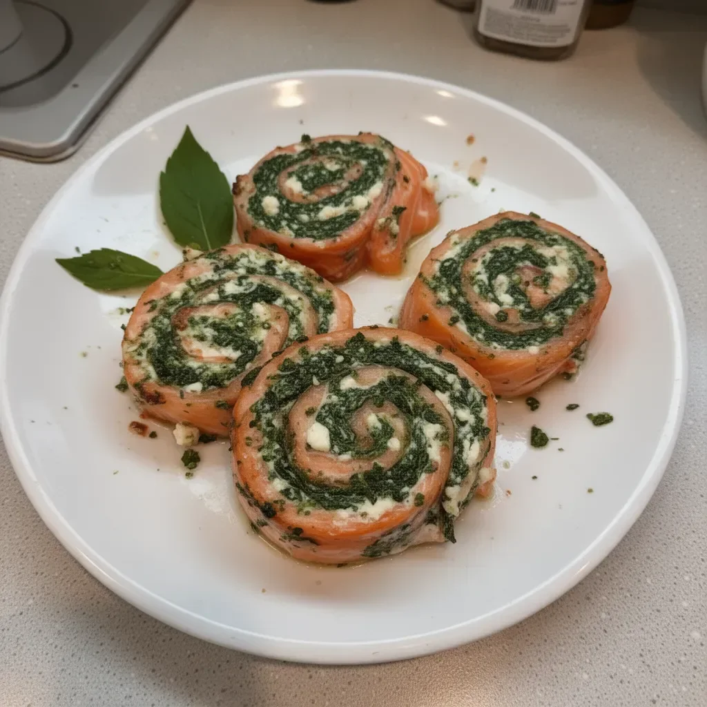 Spinach and Feta Stuffed Salmon Pinwheels on a plate garnished with herbs