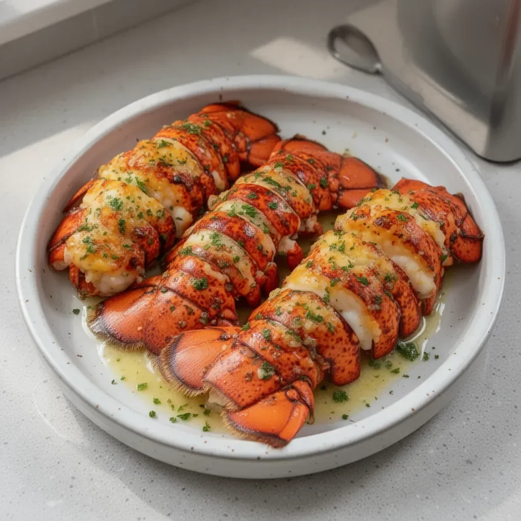 Tender baked lobster tails drizzled with garlic butter sauce